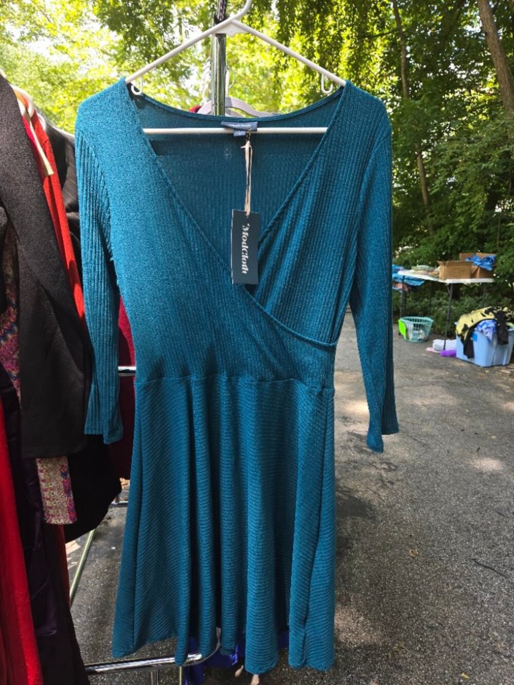 NWT ModCloth Teal Ribbed Knit Faux Wrap Fit & Flare Dress Size Large
